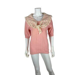 Vintage 80s Pink Sweater Womens Small Cream Lace Sailor Collar Romantic Knit Top
